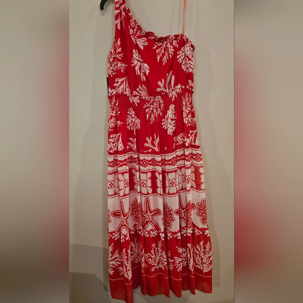 Taylor One-shoulder Tiered Dress Size- 12 Color-Red & White Coral/Starfish Print